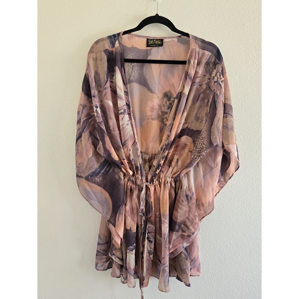 Bob Mackie Wearable Art Sheer Kimono Tie Front Floral Boho Festival Top Romantic